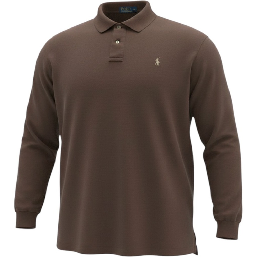 Polo Ralph Lauren Mens XXL Brown Long Sleeve Polo Shirt Cotton‎ Pique Pony Logo